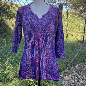 One World Purple Boho Embellished 3/4 Sleeve Top Sz. M